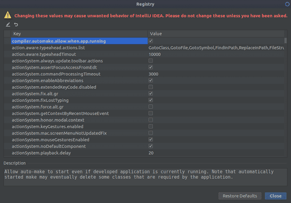 intellij registry automake when app running